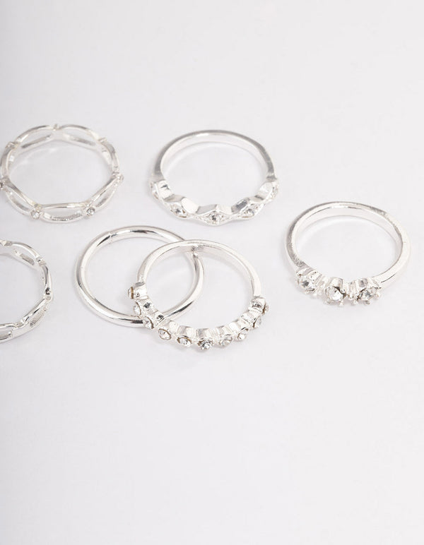 Silver Diamante Row Mix Ring 8-Pack