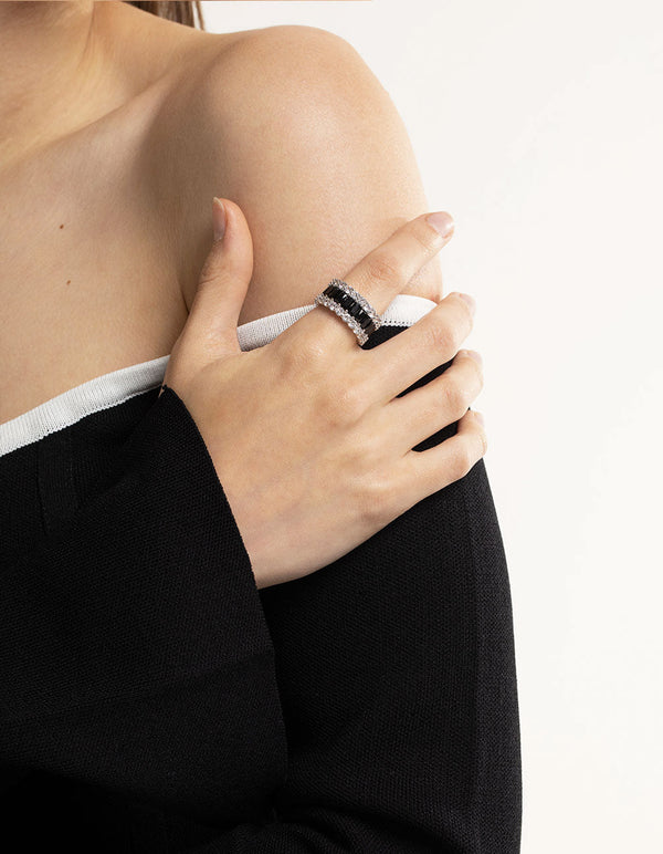 Silver Cubic Zirconia Large Baguette 3-Row Ring