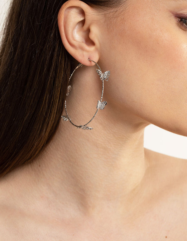 Silver Butterfly Hoop Earrings