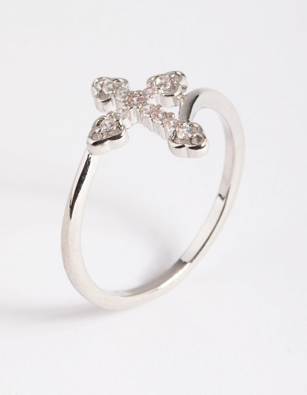 Rhodium Cubic Zirconia Cross Ring