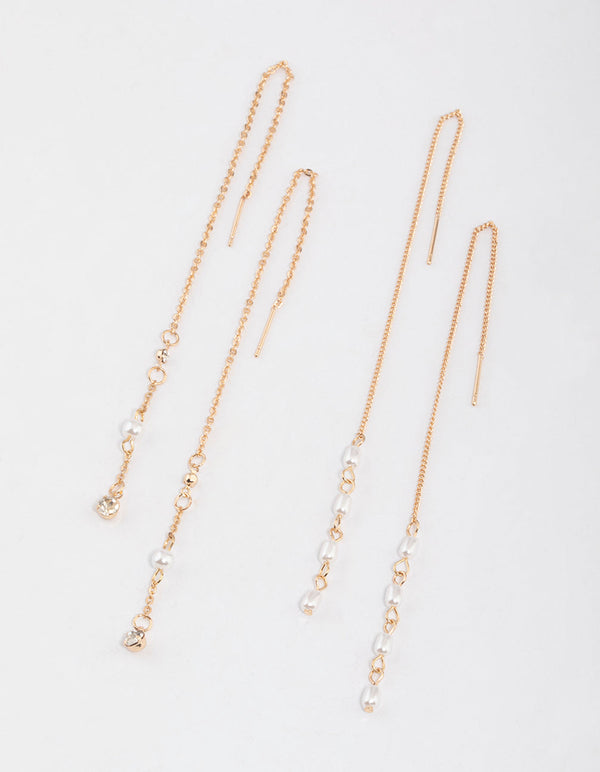 Gold Pearly Diamante Threader Earrings Pack