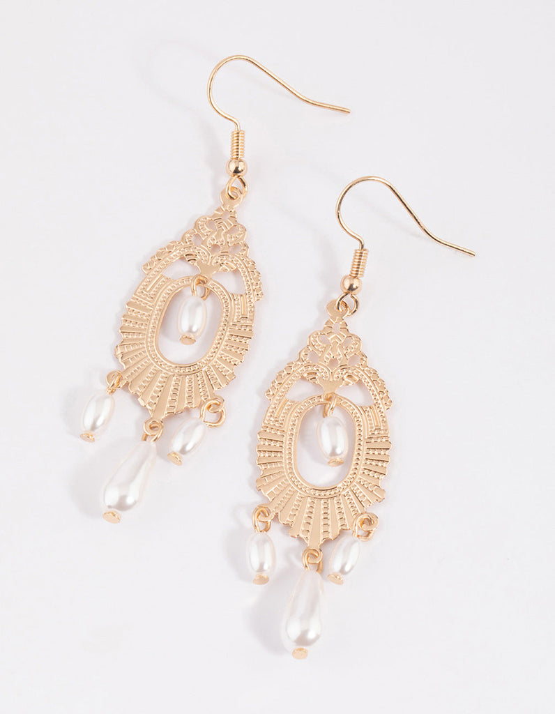 Gold Ornate & Pearl Drop Earrings Lovisa