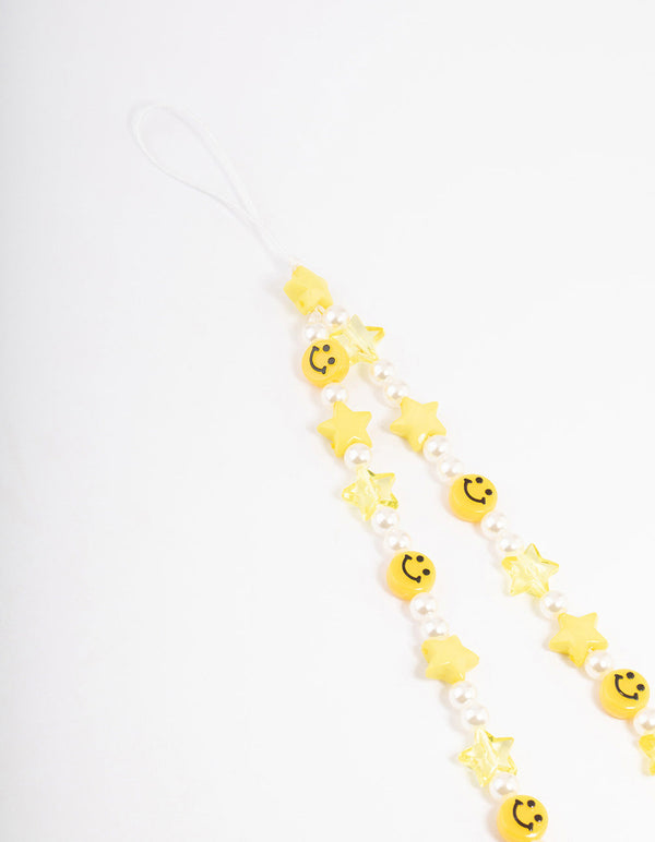 Pearl Smiley & Star Motif Phone Strap