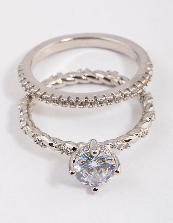 Rhodium Double Stack Rope Ring Set