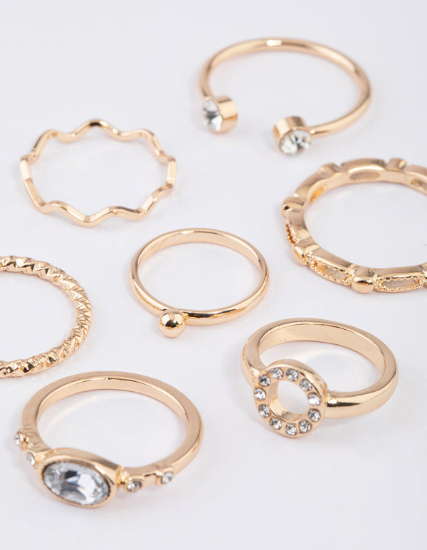 Gold Round Open Diamante Ring 7-Pack