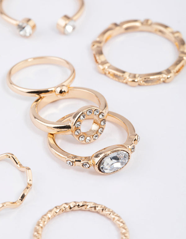 Gold Round Open Diamante Ring 7-Pack