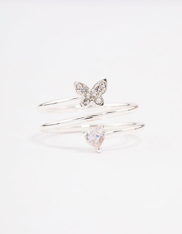 Silver Plated Heart Butterfly Wrapped Ring