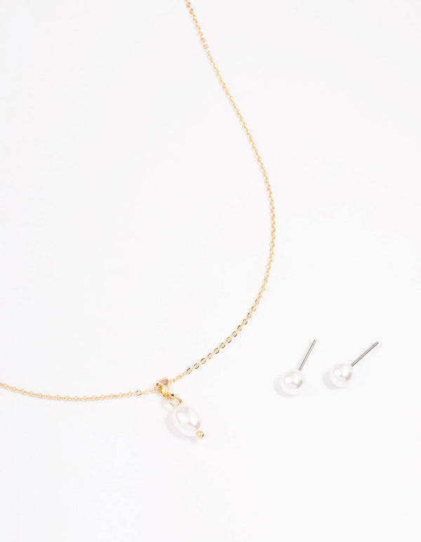 Gold Pearl Stud Earring & Necklace Set