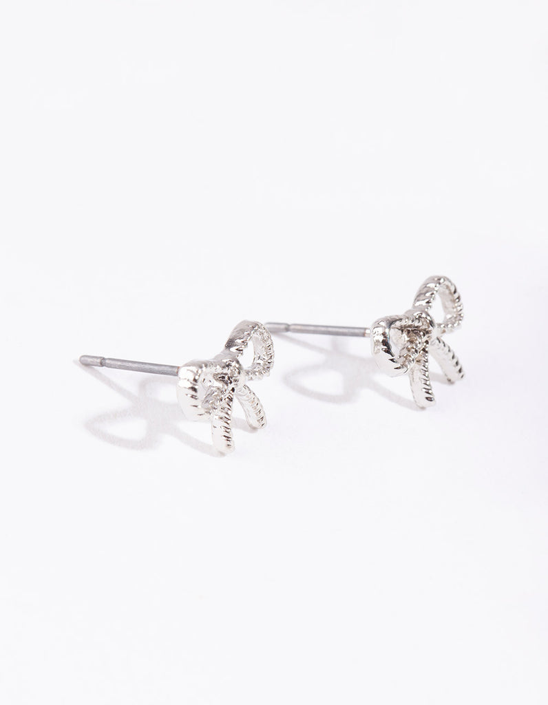 Rhodium Mini Twisted Bow Stud Earrings