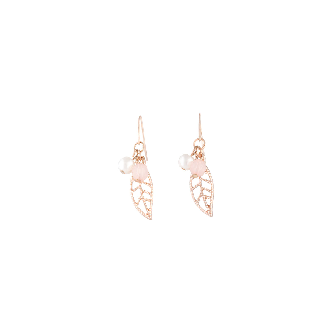 Rose Gold Pink Bead Leaf Drop Earrings
