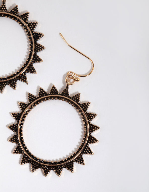 Gold Texture Open Sun Drop Earrings