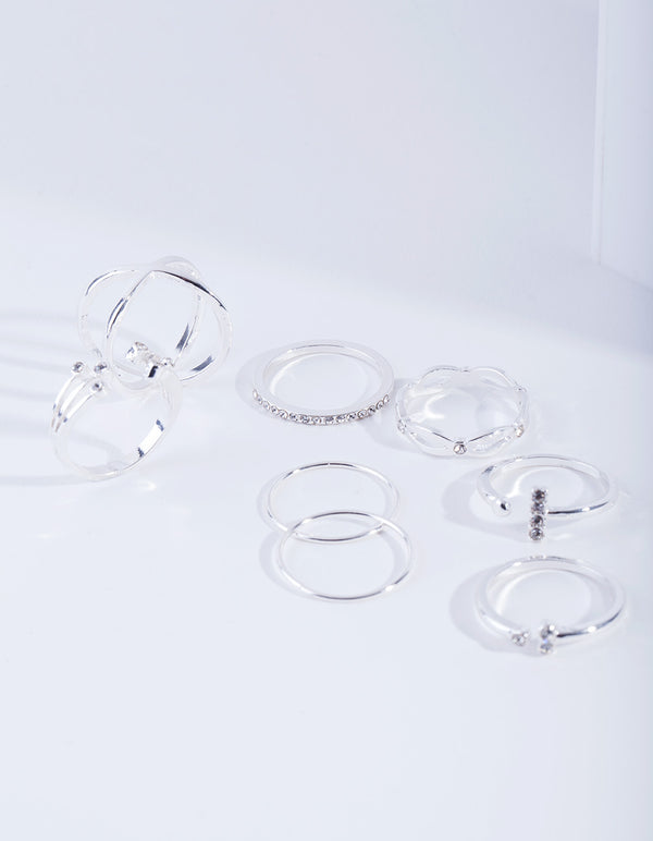 Silver Diamante Fine Mix Ring 8-Pack