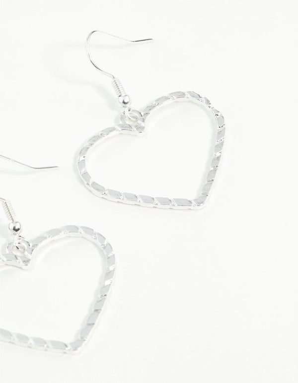 Silver Textured Heart Cut Out Drop Earring