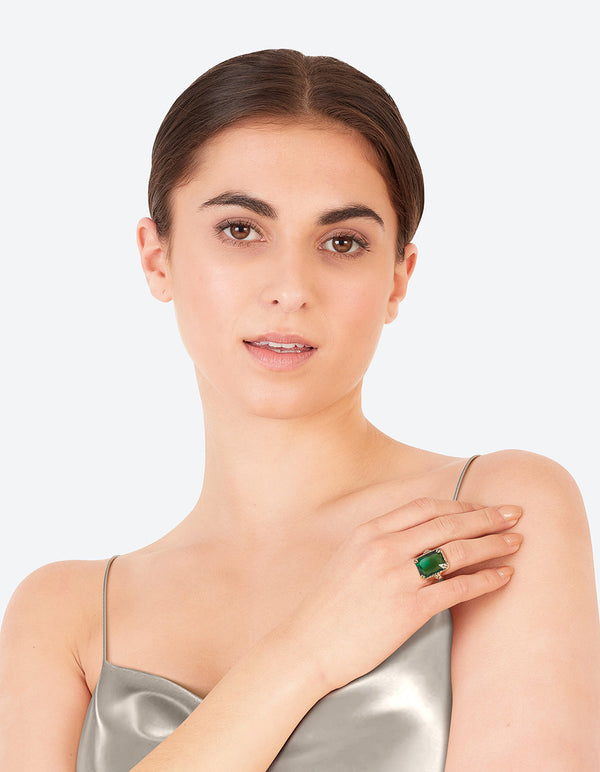 Emerald Square Cut Stone On Gold Band