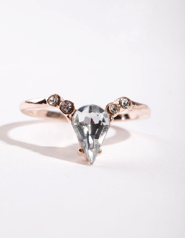 Rose Gold Crystal V-Shaped Ring