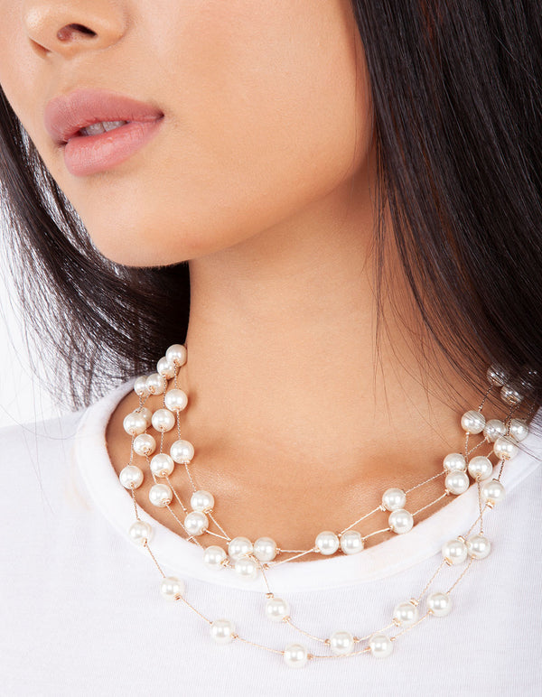 Rose Gold Layered Pearl Station Necklace
