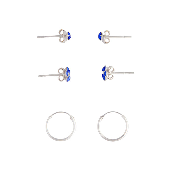 Sterling Silver Blue Stud, Flower & Hoop Pack