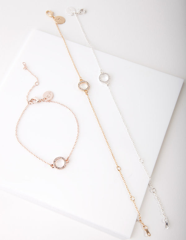 Mixed Metal Diamante Circle Bracelet Pack