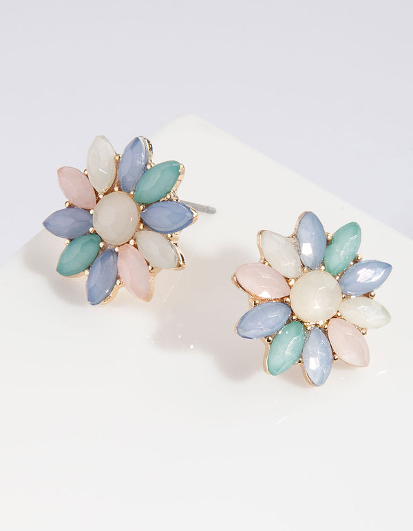 Gold Round Crystal Flower Stud Earrings