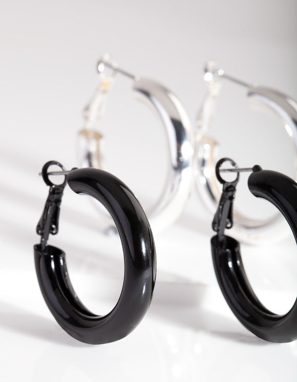 Black Silver Hoop Earrings Duo