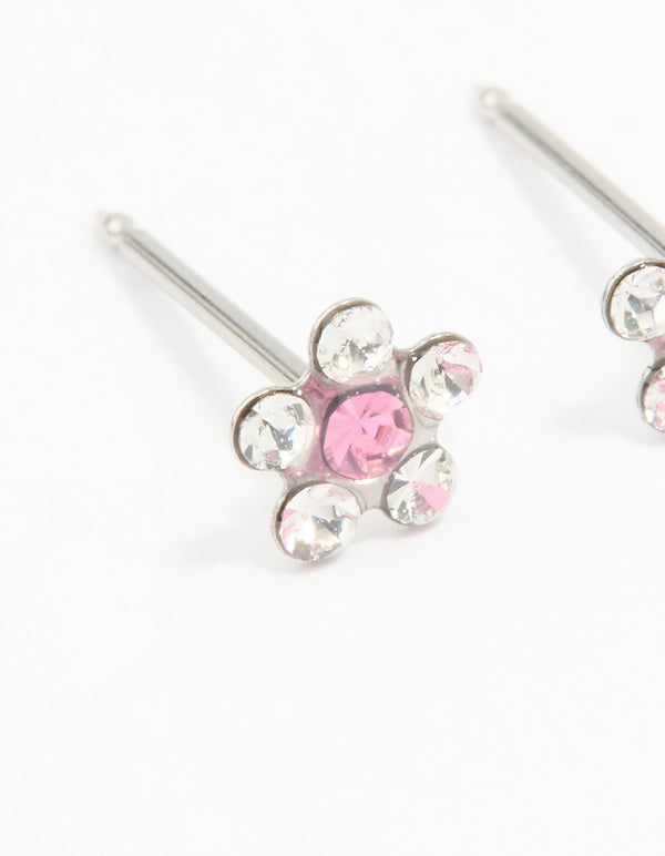 Surgical Stainless Steel Pink Cubic Zirconia Daisy Piercing Stud