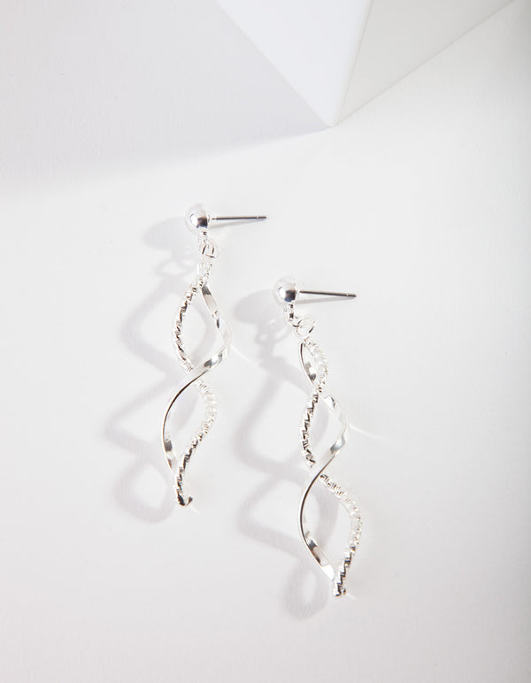 Silver Textured Twist Drop Earrings