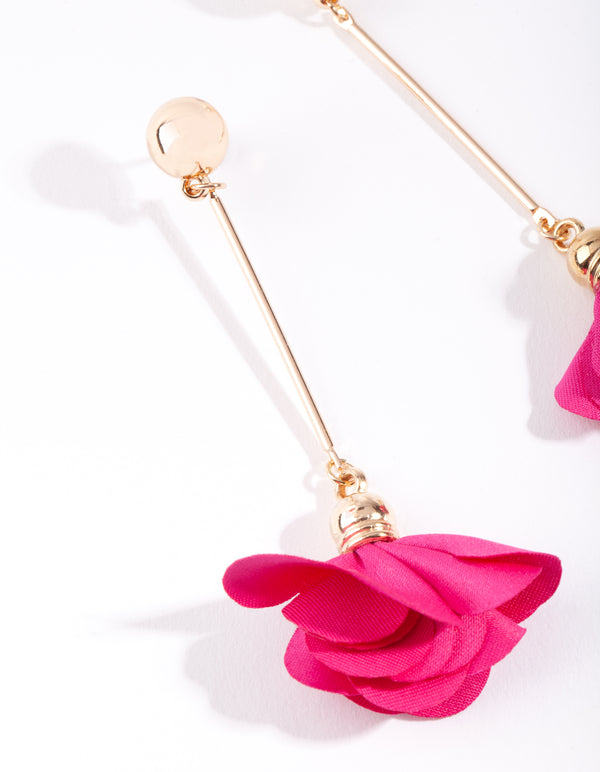 Gold Red Fabric Flower Drop Earrings