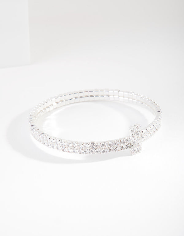 Silver Cubic Zirconia Row T Cuff Bracelet