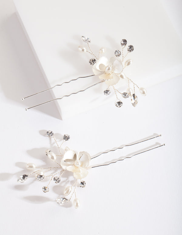 Silver White Flower Hair Pin Pack