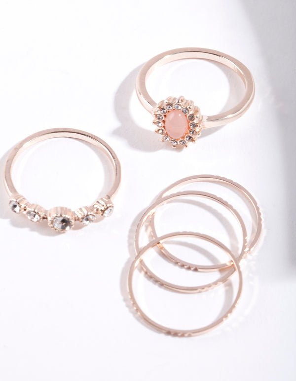 Rose Gold Stone Diamante 5-Pack Ring Stack
