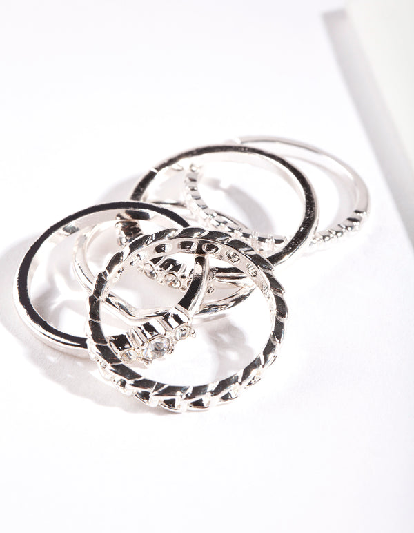 Silver Diamante & Chain 5 Stack Ring