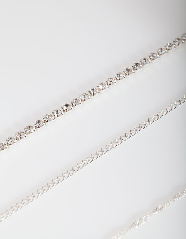 Silver Diamante Twist Anklet Bracelet 4-Pack
