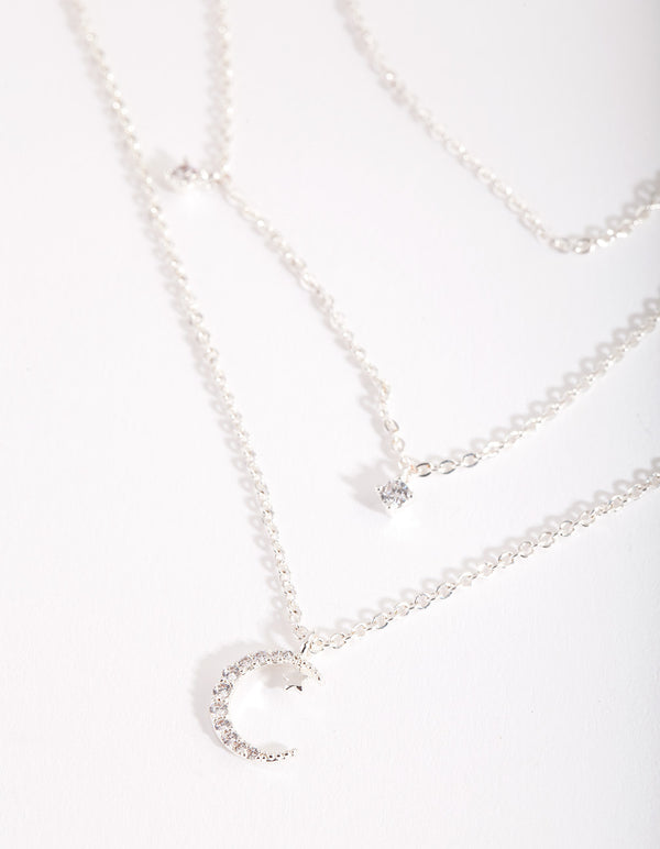 Silver Cubic Zirconia 3 Row Moon & Droplet Necklace