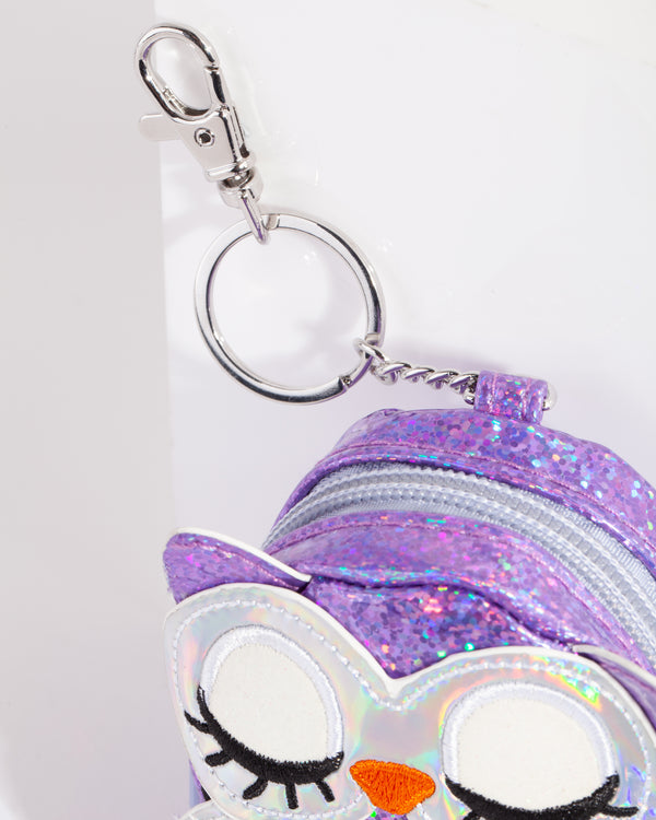 Kids Purple Iridescent Owl Purse Keyring