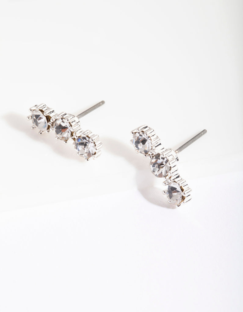 Silver 3 Crystal Crawler Stud Earrings