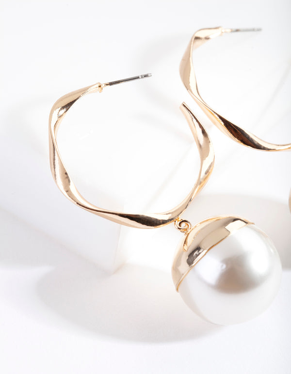 Gold Twisted Hoop Pearl Earring