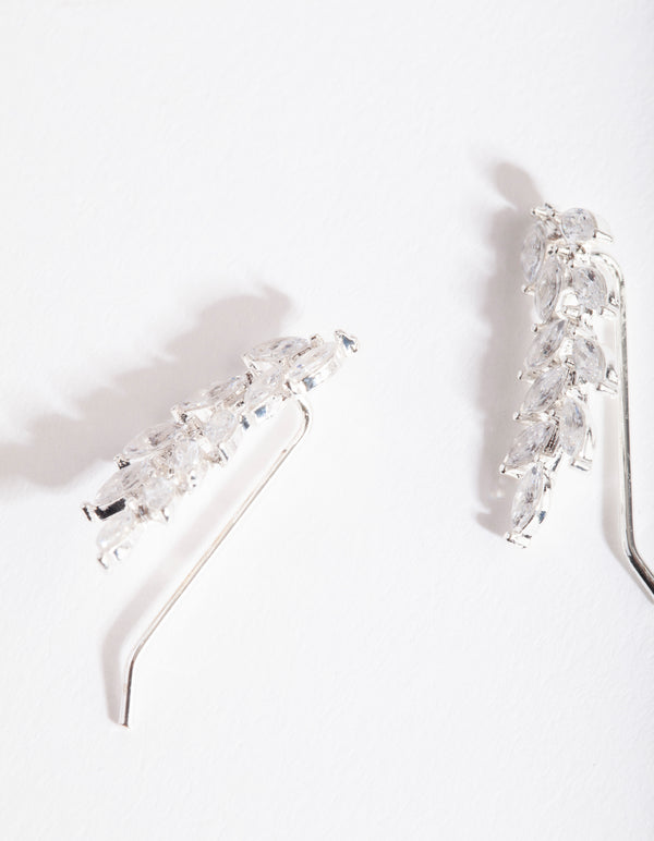 Silver Cubic Zirconia Elegant Leaf Drop Earrings