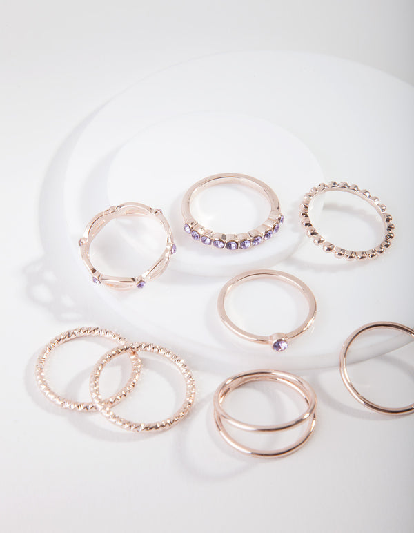 Rose Gold Purple Diamante Ring 8-Pack