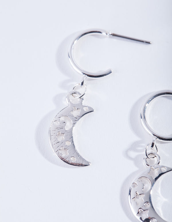 Silver Cut-Out Moon Hoop Earrings