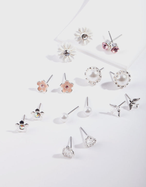 Silver Flower Pearl Earring 8-Pack