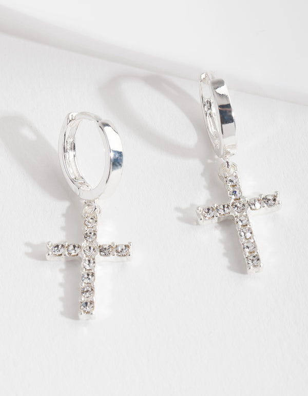 Silver Diamante Cross Huggie Earrings