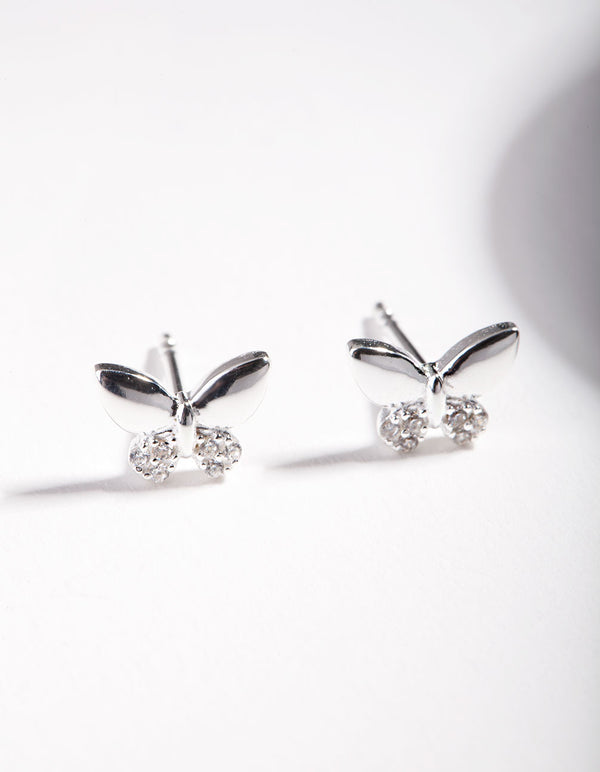 Sterling Silver Pave Butterfly Stud Earrings