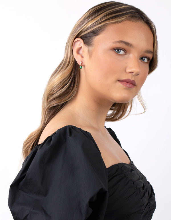 Gold Plated Sterling Silver Green Cubic Zirconia Teardrop Earrings