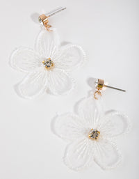 Gold & White Fabric Flower Drop Earrings - link has visual effect only