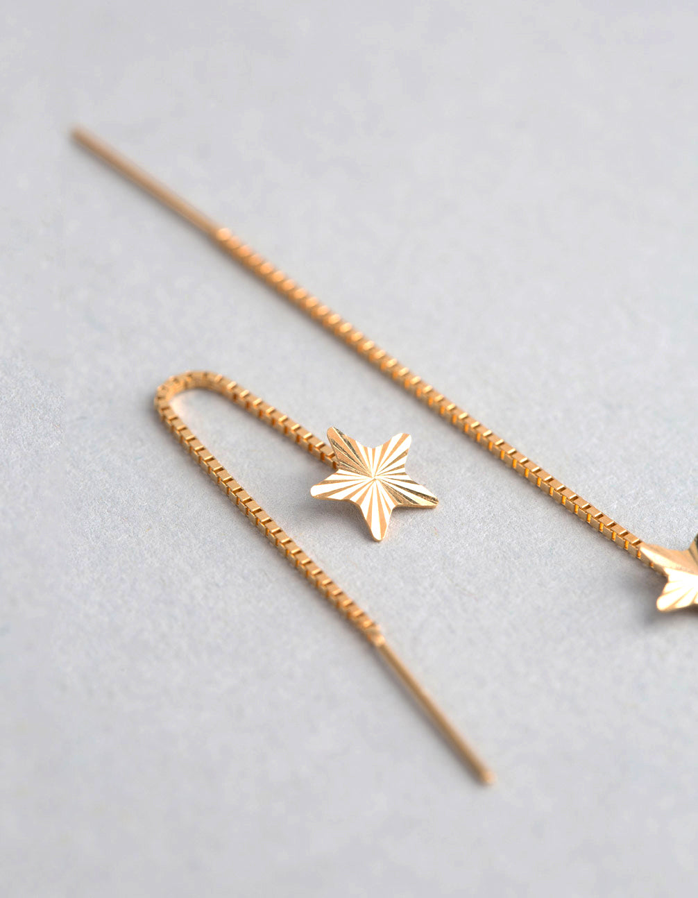 9ct Gold Diamond Cut Star Box Chain Threader Earrings