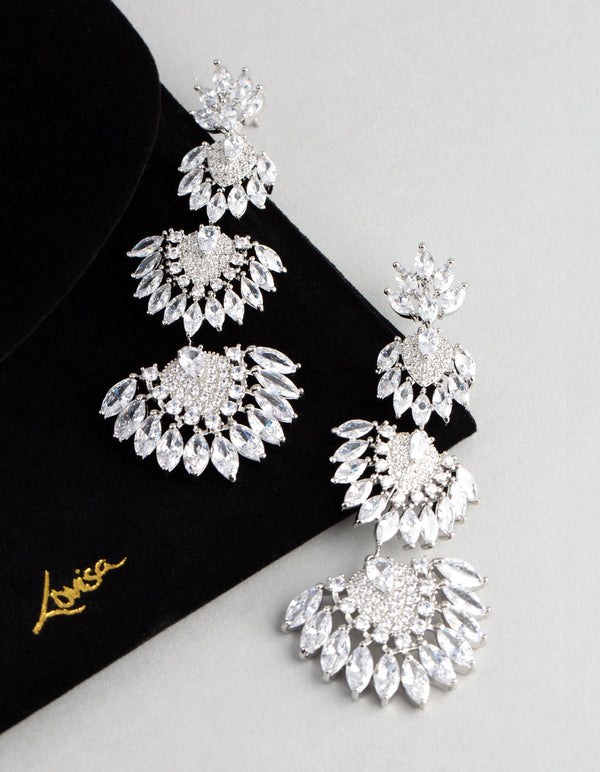 Silver Cubic Zirconia Statement Fan Drop Earrings