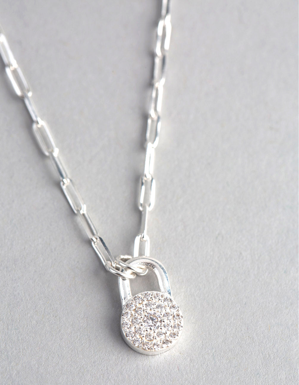 Sterling Silver Pave Padlock Oval Chain Necklace