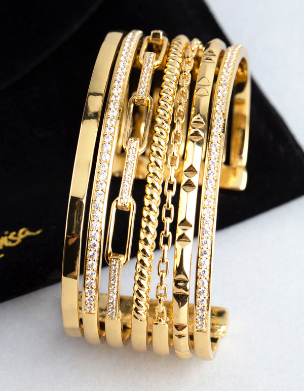 18ct Gold Plated Brass Cubic Zirconia Multi Row Cuff Bracelet