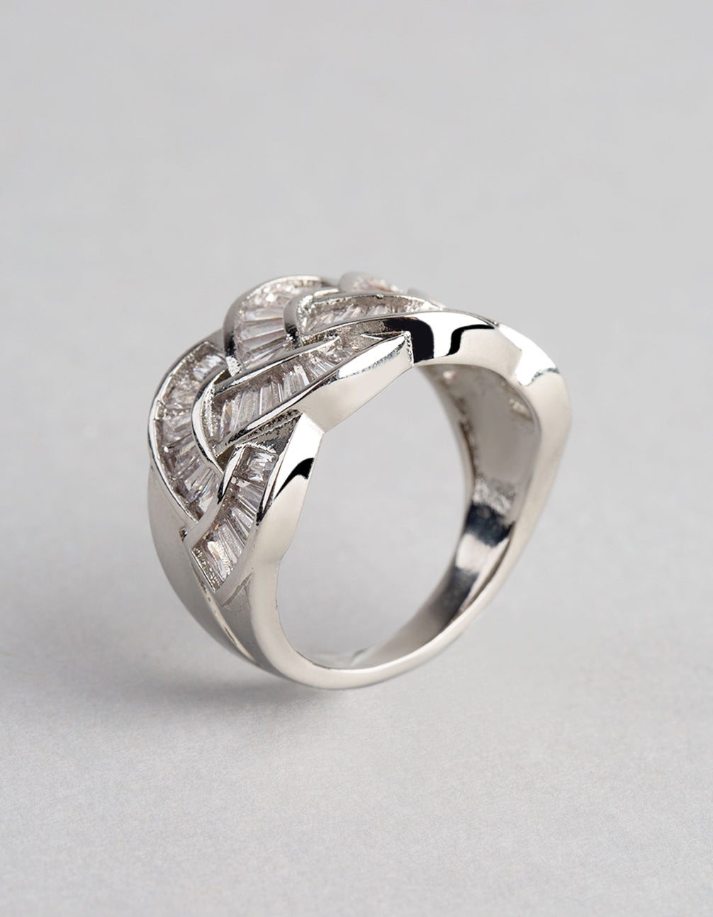 Silver Cubic Zirconia Baguette Stone Plaited Ring