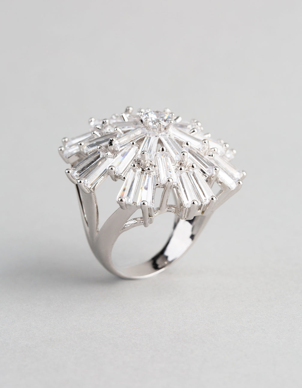 Silver Cubic Zirconia Statement Starbust Cocktail Ring